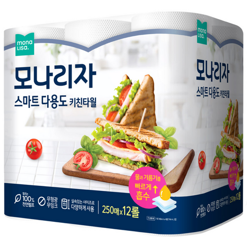 모나리자 스마트 다용도 키친타올 250매 12롤, 주방·거실까지 쓰는 다용도 롤타올